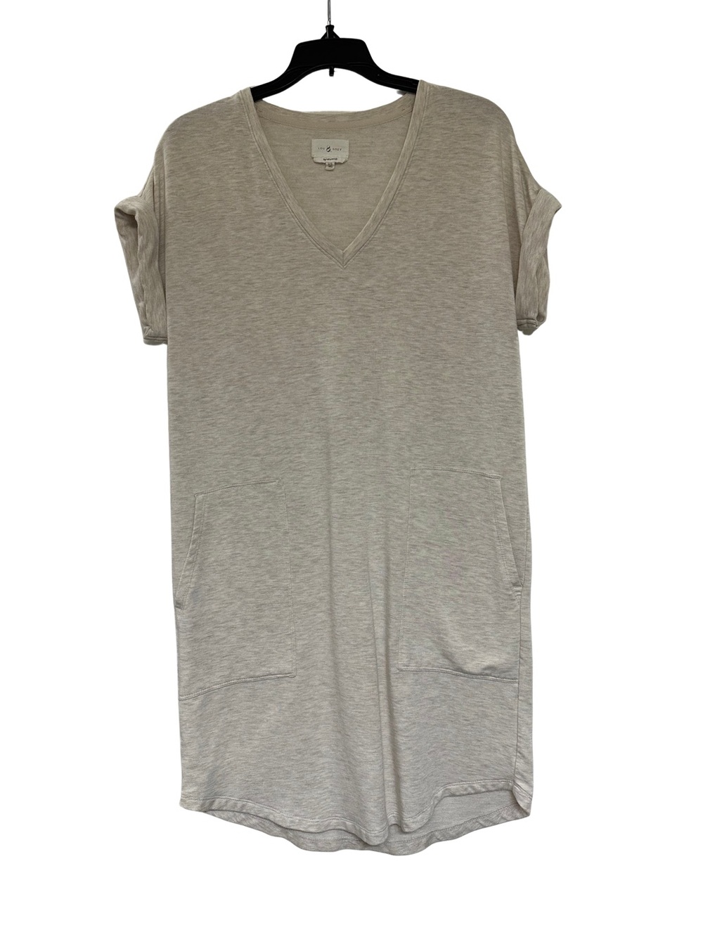 Lou & Grey Signature Soft T Shirt Dress XS Oatmeal V Neck Pocket Casual Lounge